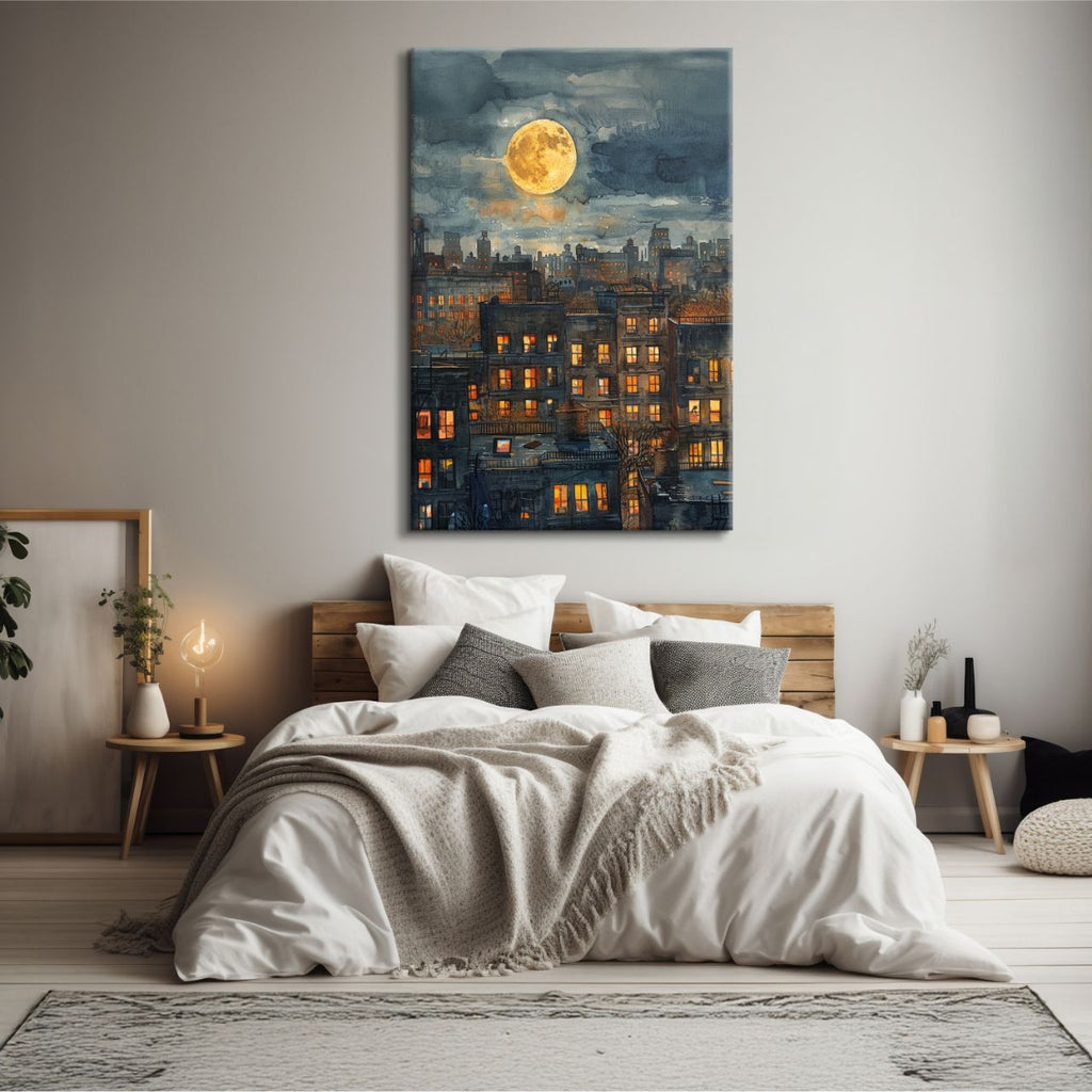 Moonlit Cityscape Watercolor