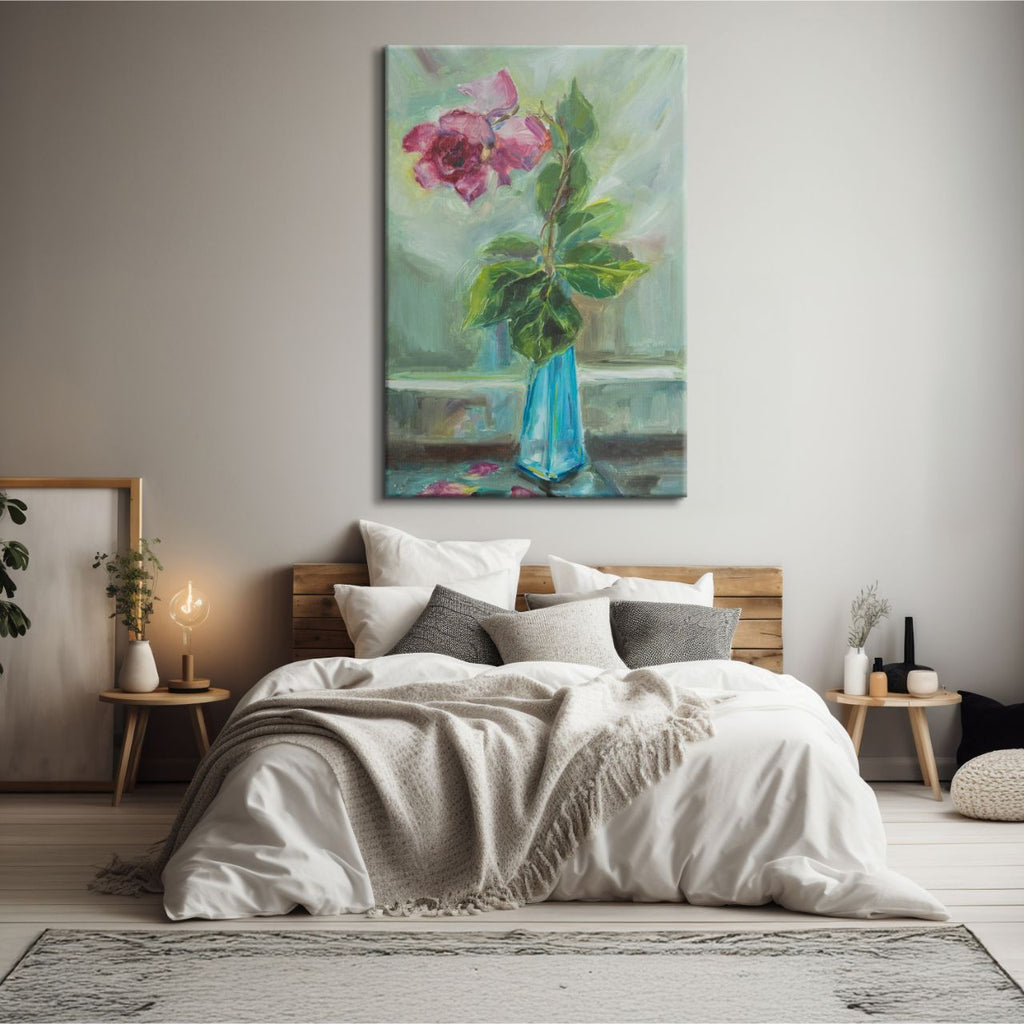 Impressionistic Rose in Teal Vase