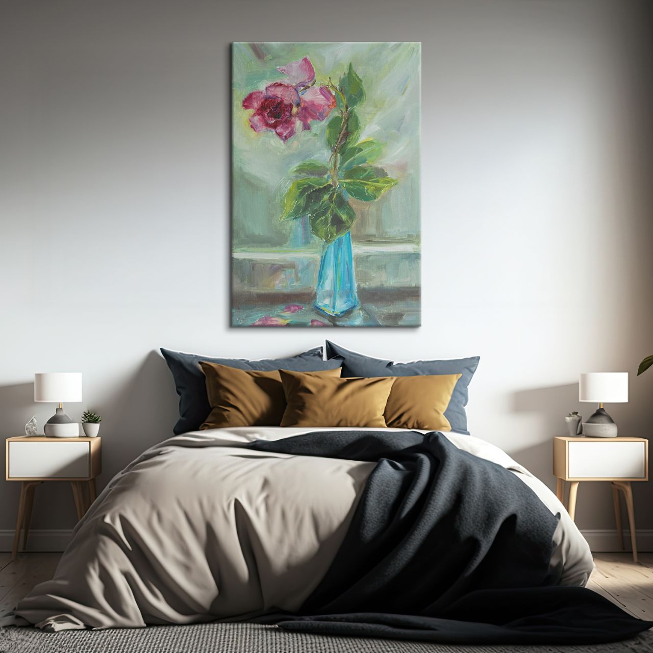 Impressionistic Rose in Teal Vase