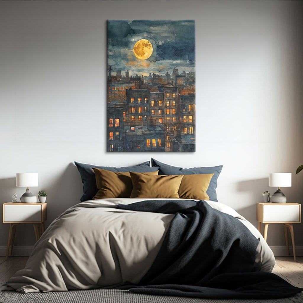 Moonlit Cityscape Watercolor