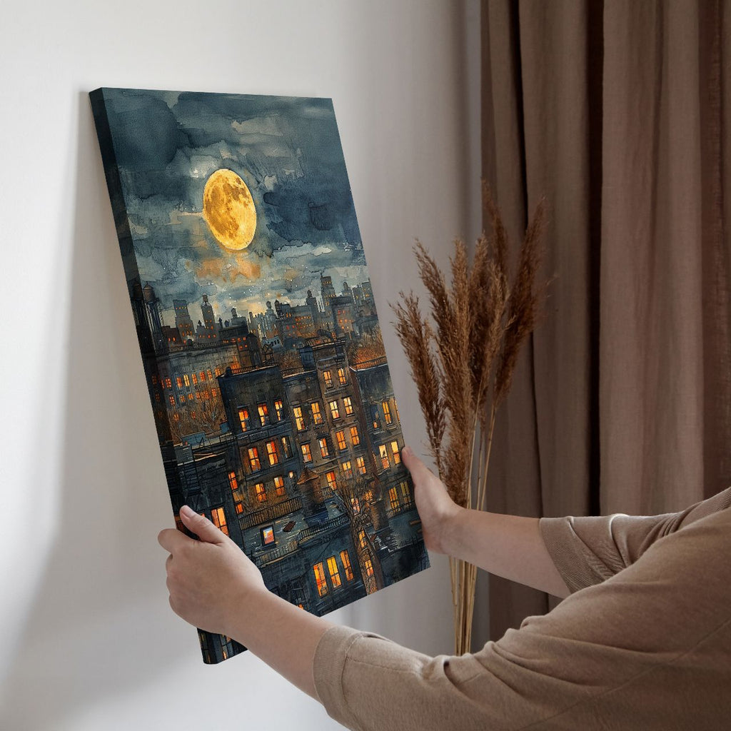 Moonlit Cityscape Watercolor