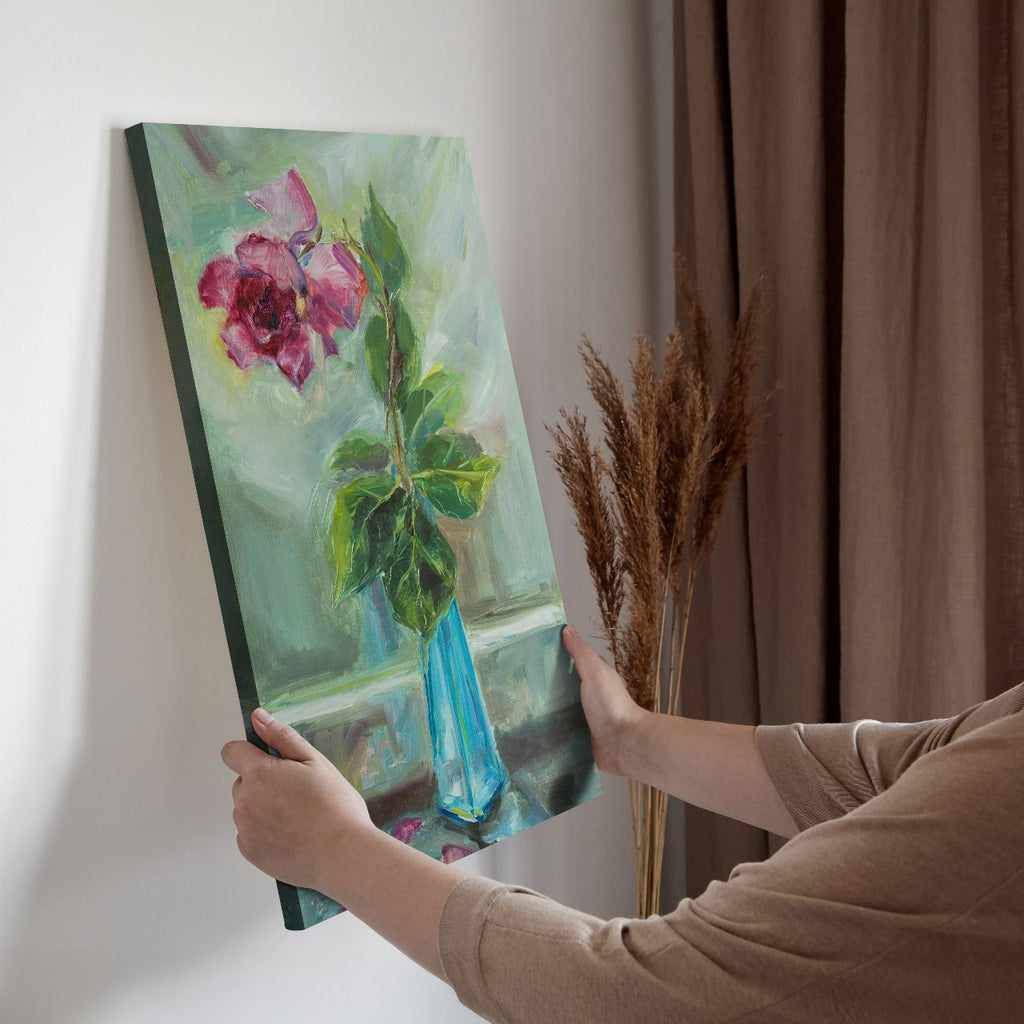 Impressionistic Rose in Teal Vase