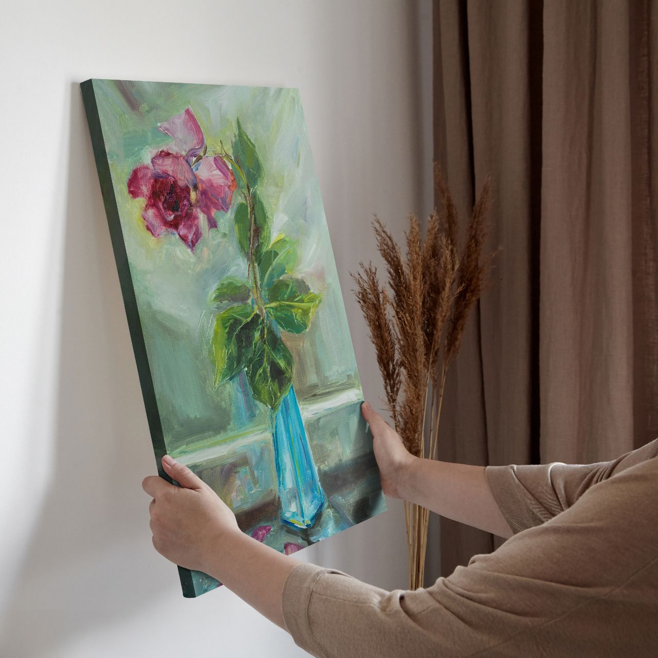 Impressionistic Rose in Teal Vase