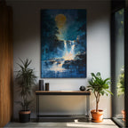 Framed artwork of a waterfall scene with a moon above, displayed on a wall in a room with plants and a console table.
