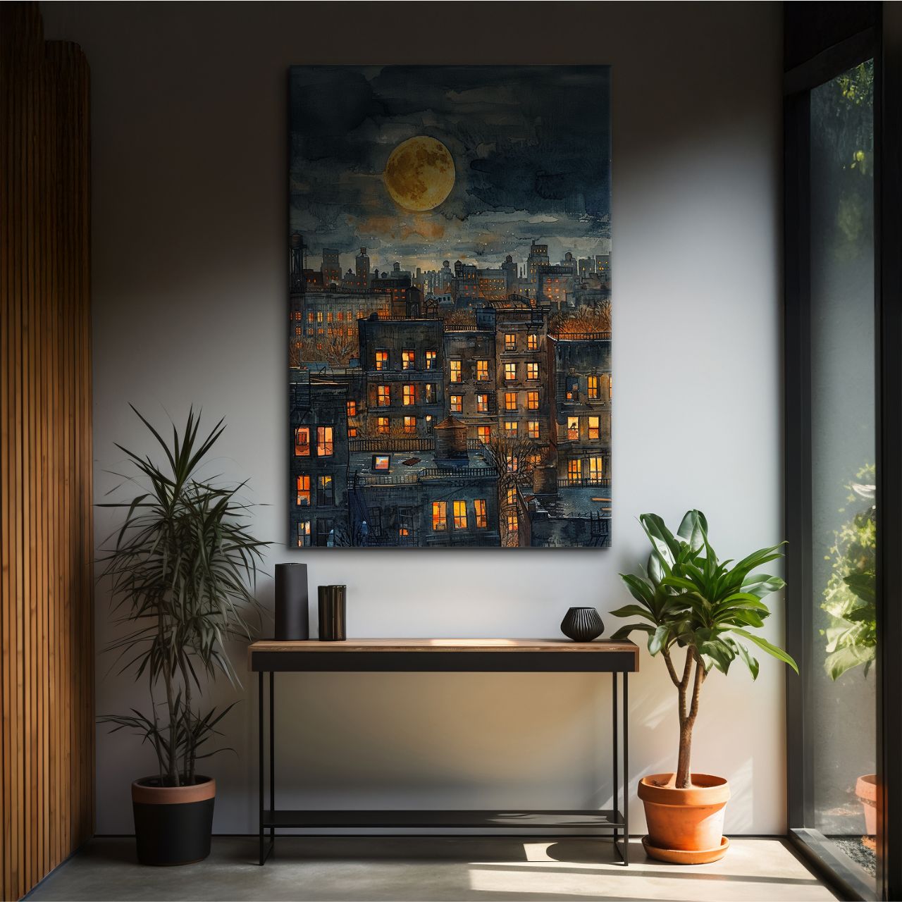 Moonlit Cityscape Watercolor