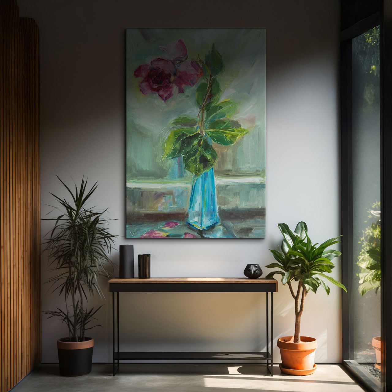 Impressionistic Rose in Teal Vase