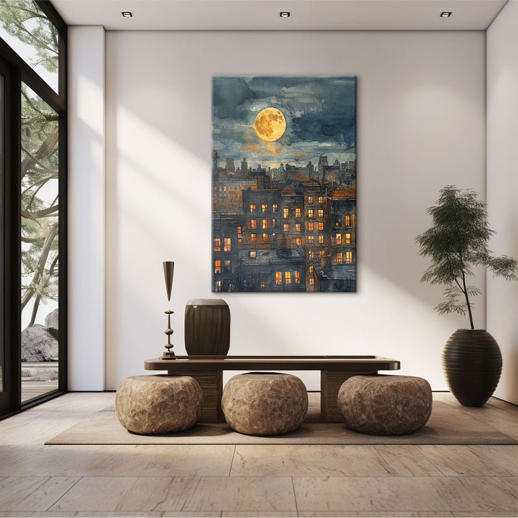 Moonlit Cityscape Watercolor