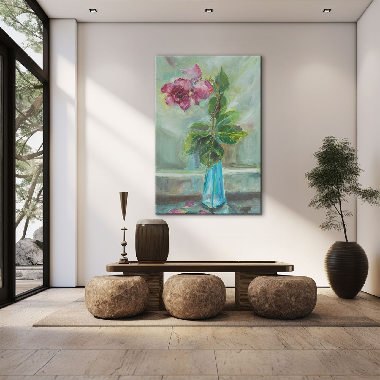 Impressionistic Rose in Teal Vase