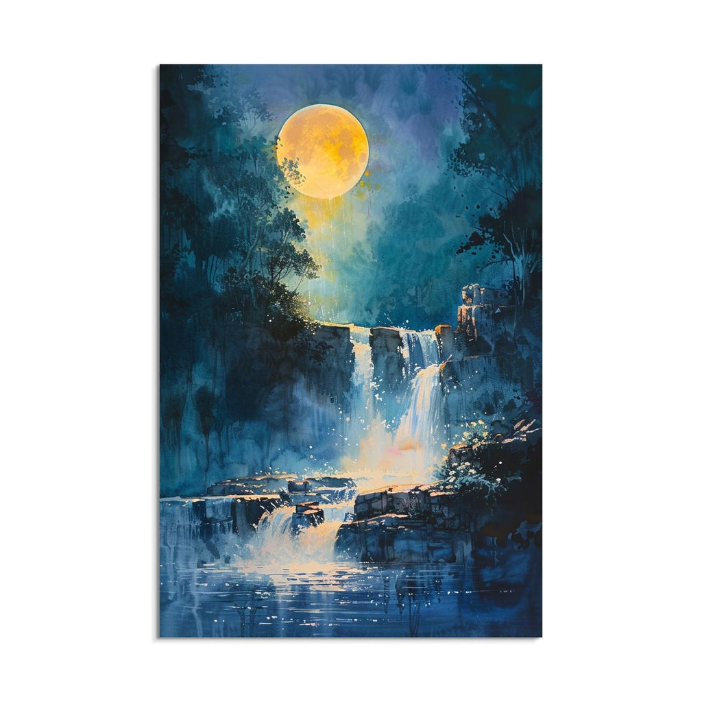 Painting of a waterfall under a full moon with dark blue and yellow tones.