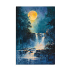 Painting of a waterfall under a full moon with dark blue and yellow tones.