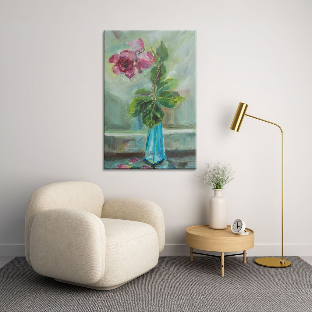 Impressionistic Rose in Teal Vase