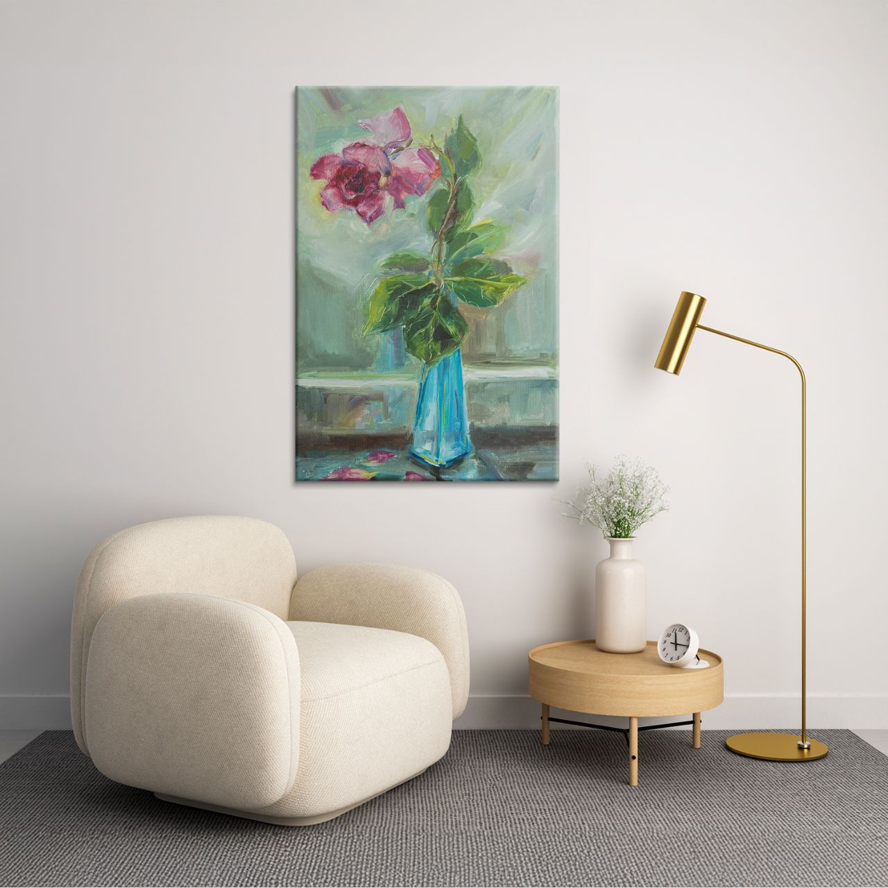 Impressionistic Rose in Teal Vase