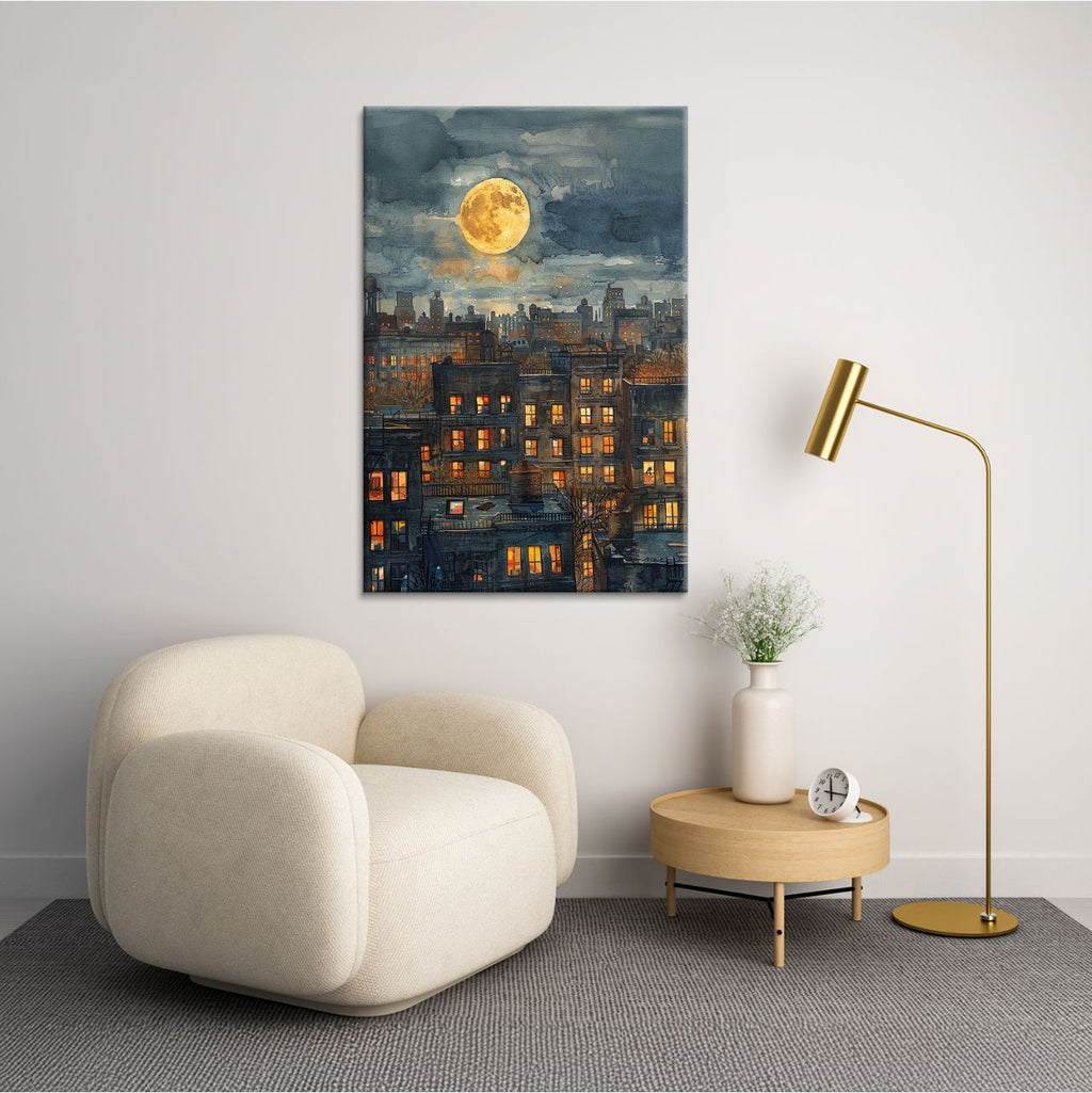 Moonlit Cityscape Watercolor