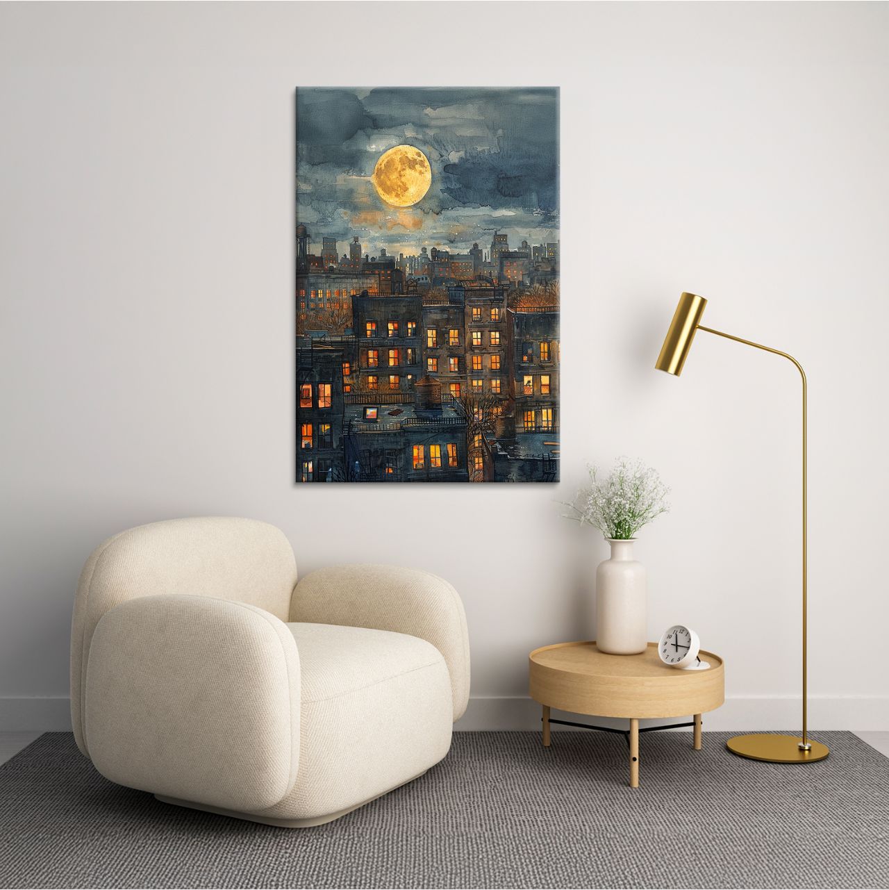 Moonlit Cityscape Watercolor