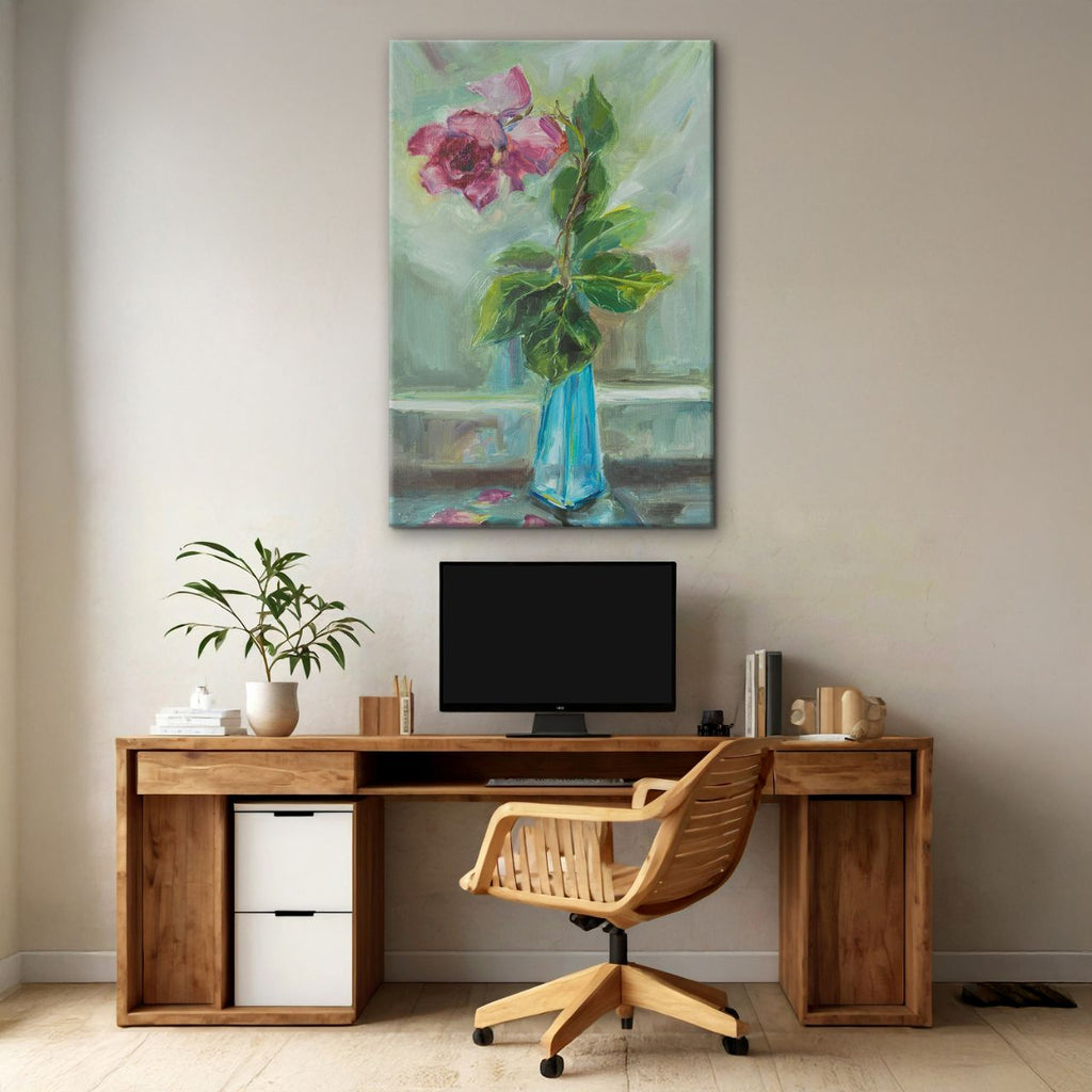 Impressionistic Rose in Teal Vase