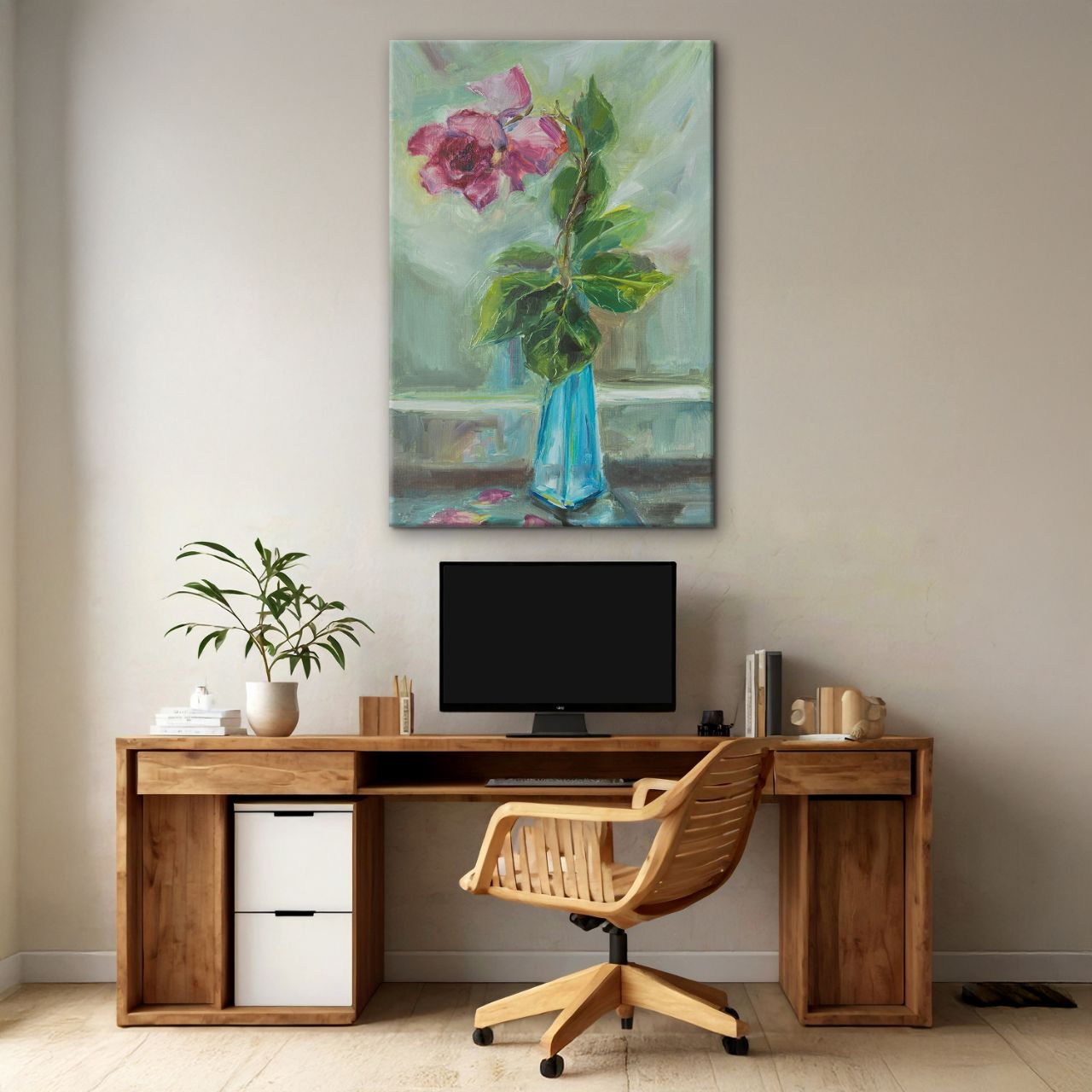 Impressionistic Rose in Teal Vase