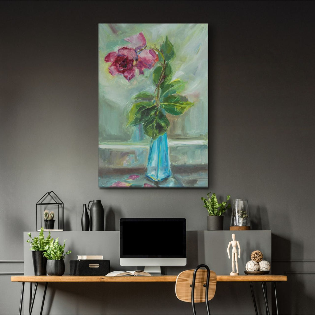 Impressionistic Rose in Teal Vase