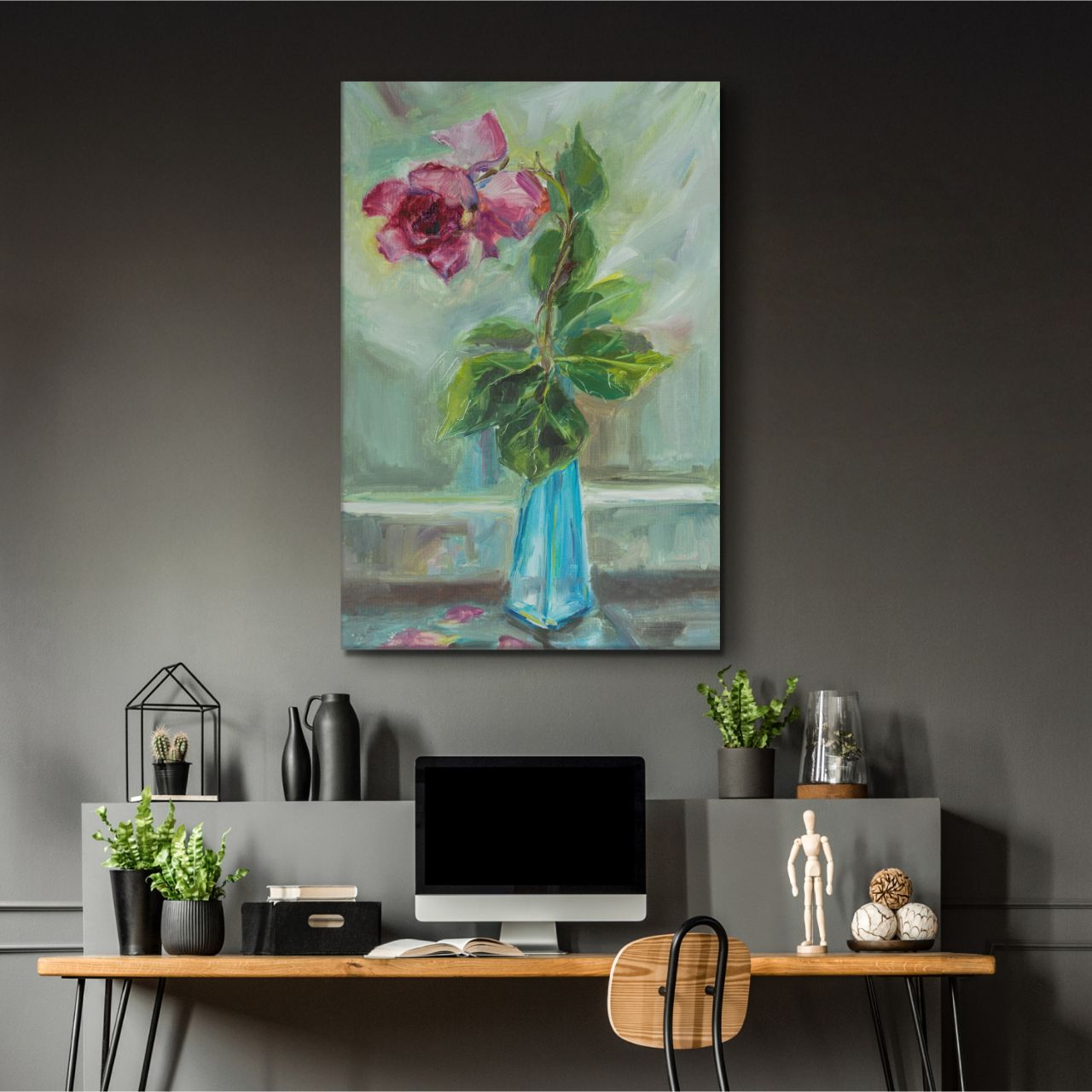 Impressionistic Rose in Teal Vase