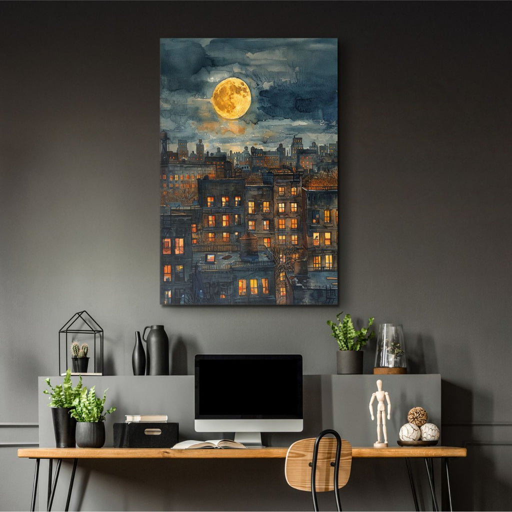 Moonlit Cityscape Watercolor