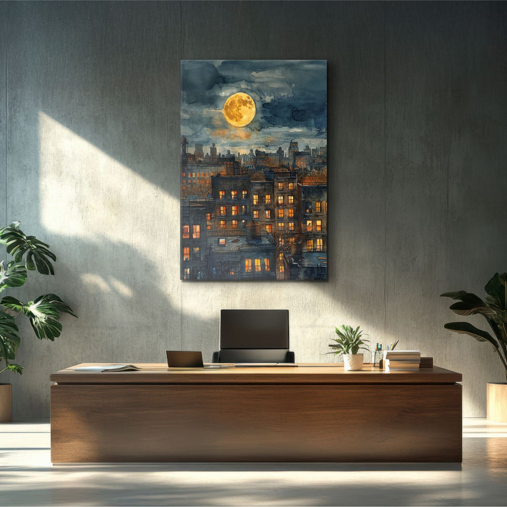 Moonlit Cityscape Watercolor