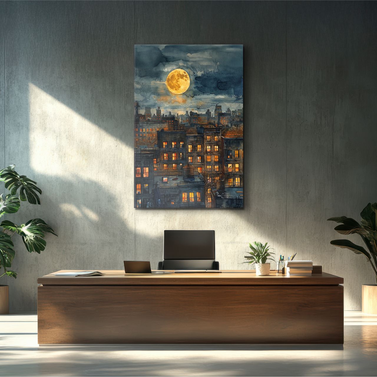 Moonlit Cityscape Watercolor