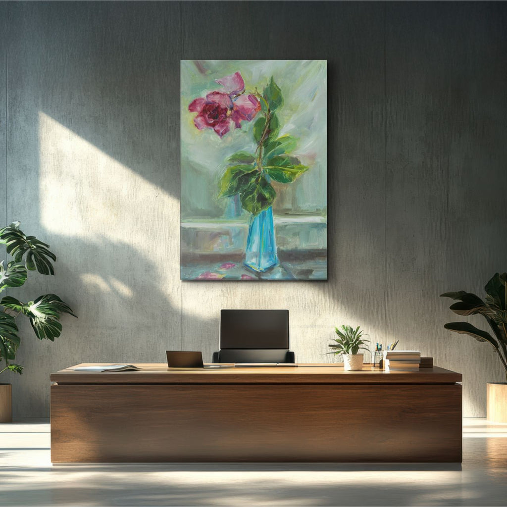 Impressionistic Rose in Teal Vase