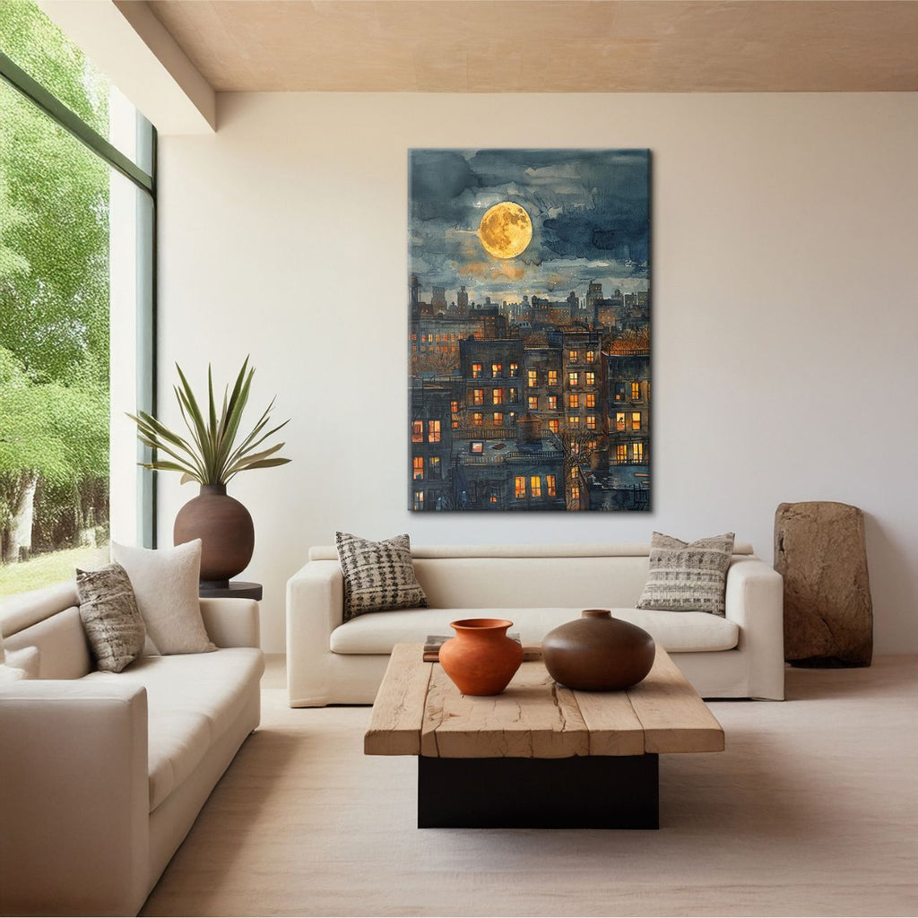 Moonlit Cityscape Watercolor