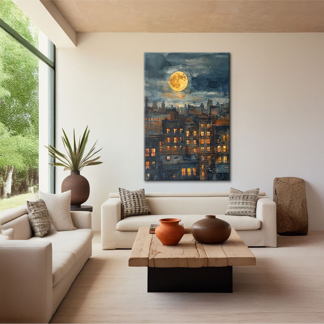 Moonlit Cityscape Watercolor