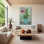 Impressionistic Rose in Teal Vase