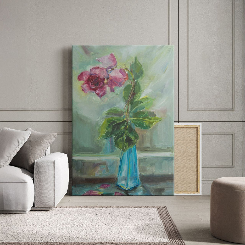 Impressionistic Rose in Teal Vase