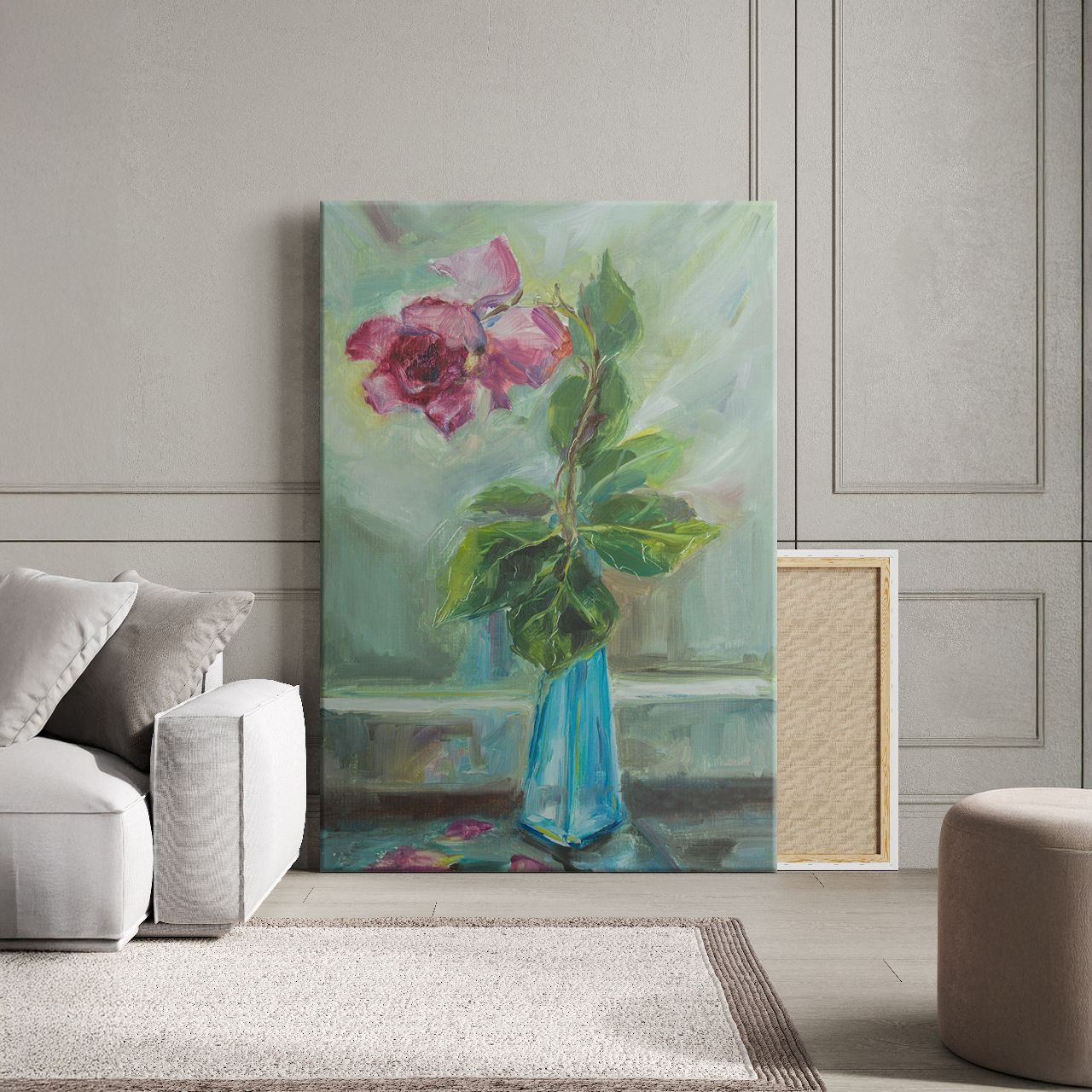 Impressionistic Rose in Teal Vase
