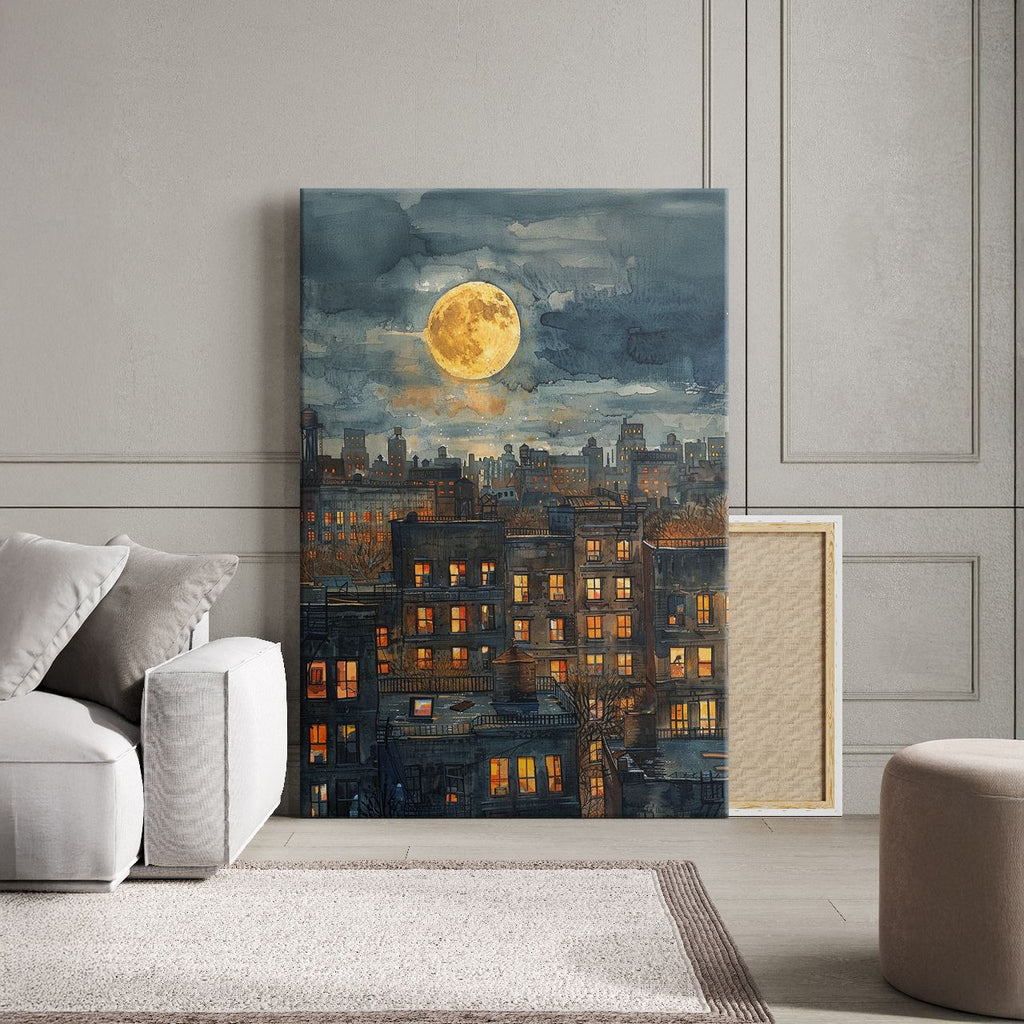 Moonlit Cityscape Watercolor
