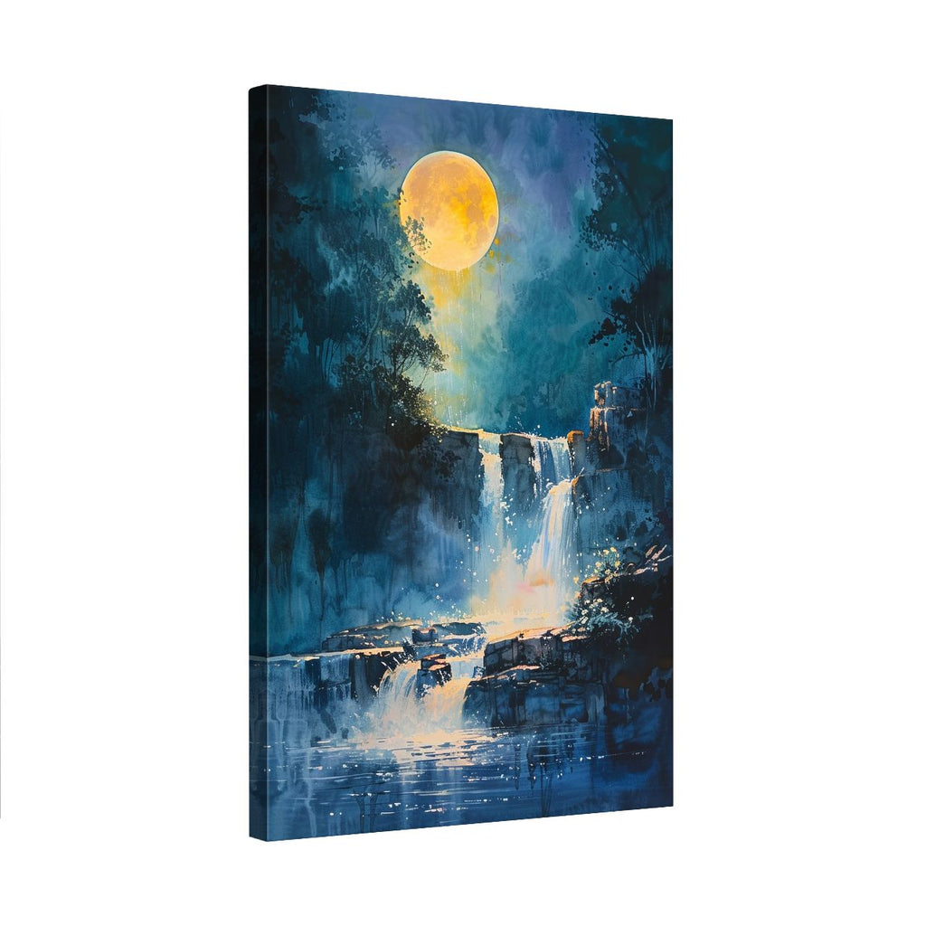 Canvas print of a moonlit waterfall scene with a full moon in the sky.