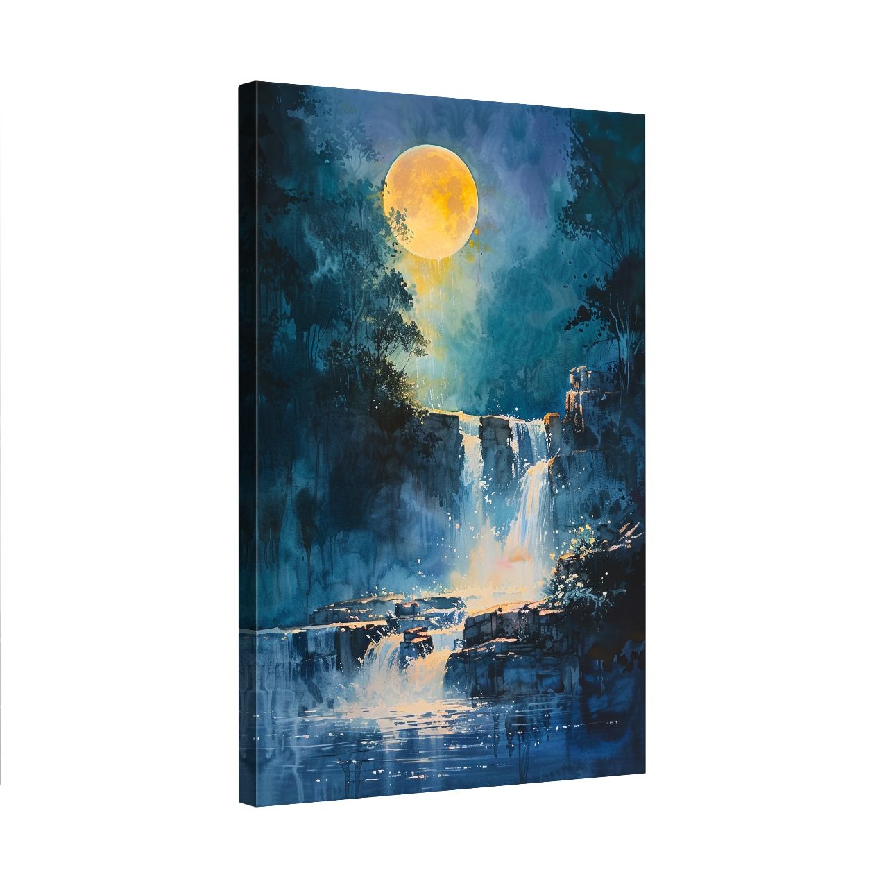 Canvas print of a moonlit waterfall scene with a full moon in the sky.