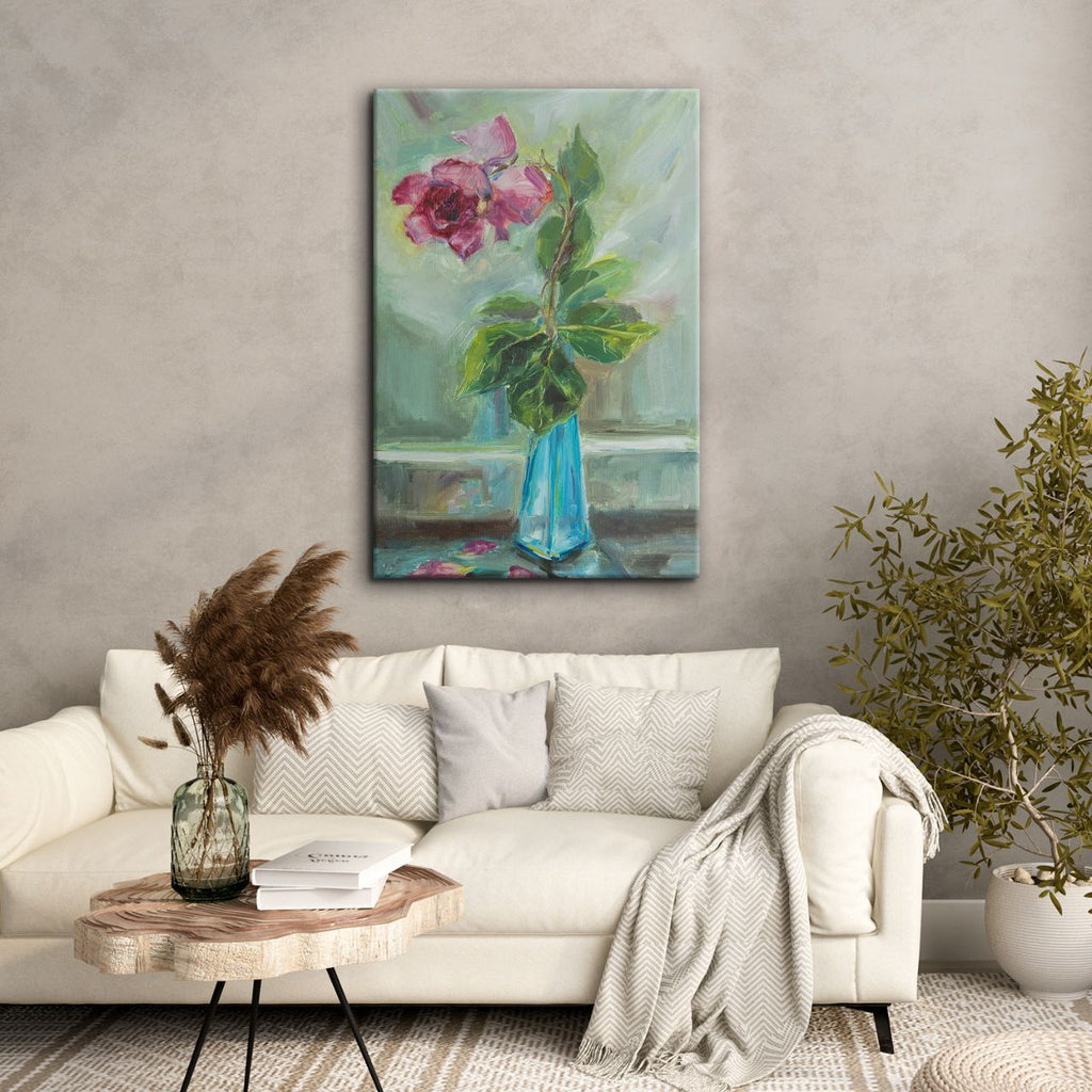 Impressionistic Rose in Teal Vase