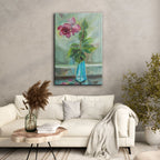 Impressionistic Rose in Teal Vase