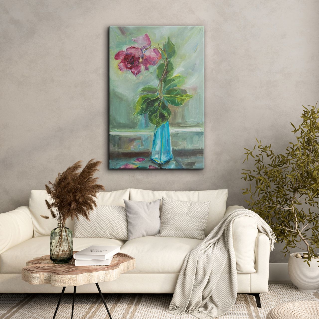 Impressionistic Rose in Teal Vase