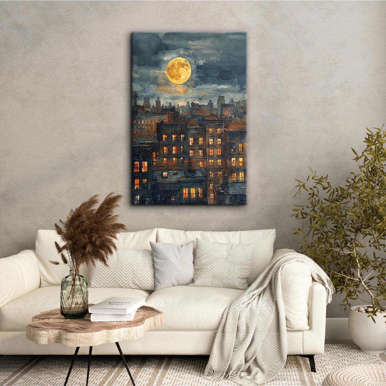 Moonlit Cityscape Watercolor