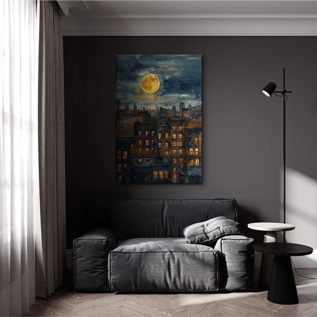 Moonlit Cityscape Watercolor