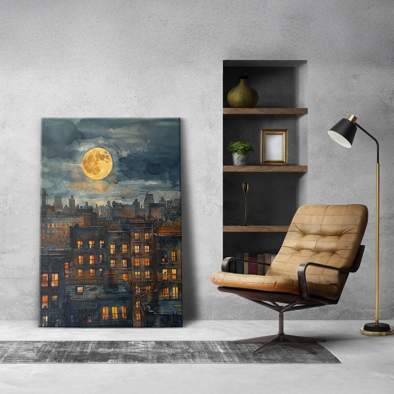 Moonlit Cityscape Watercolor