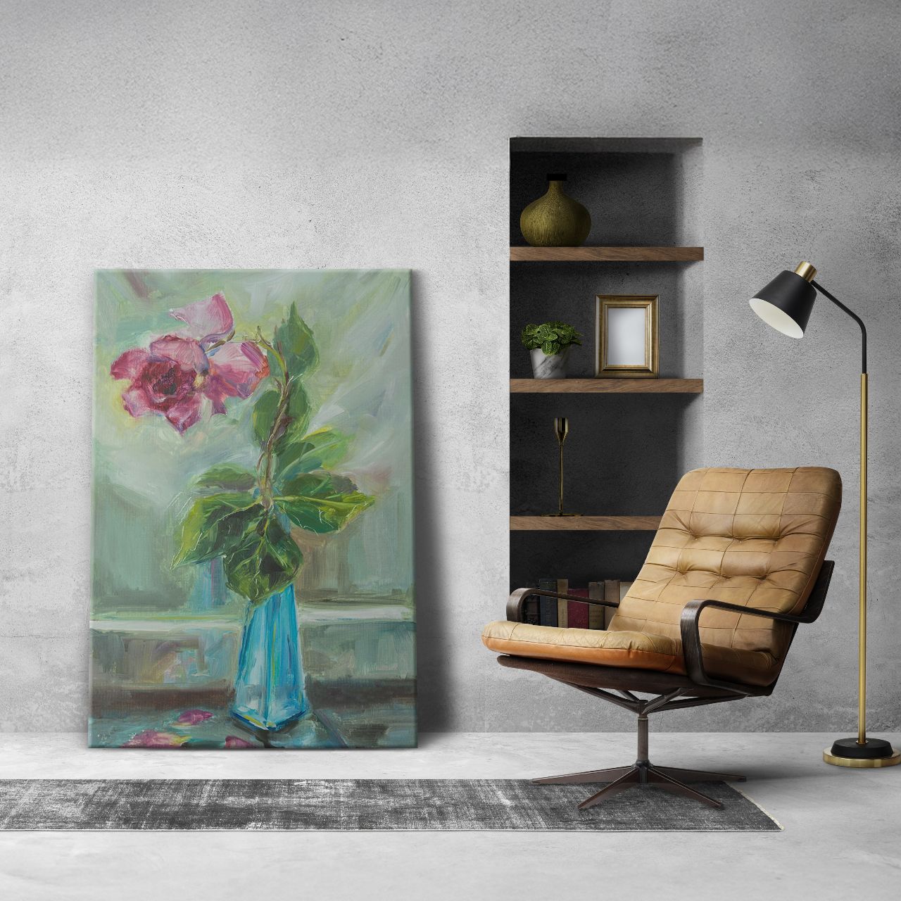 Impressionistic Rose in Teal Vase